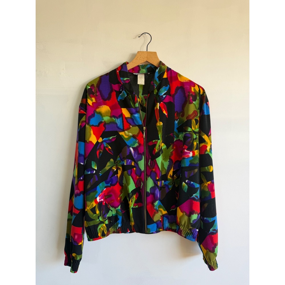 Vintage Kensington Square Abstract Floral Bomber Jacket Womens Large Made in USA
